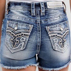 🎸ROCK REVIVAL🤘 FERRY EASY STRETCH FACTORY FRAYED EMBROIDERED SHORTS 28